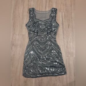 Unique Vintage Gray Sequin Backless Mini Dress